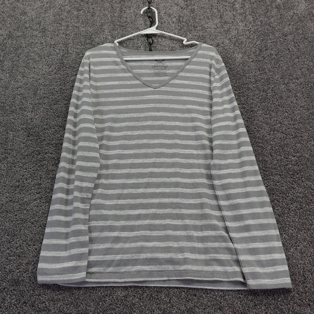 Faded Glory T Shirt Womens Extra Large Gray Striped V Neck Long Sleeve Metallic
